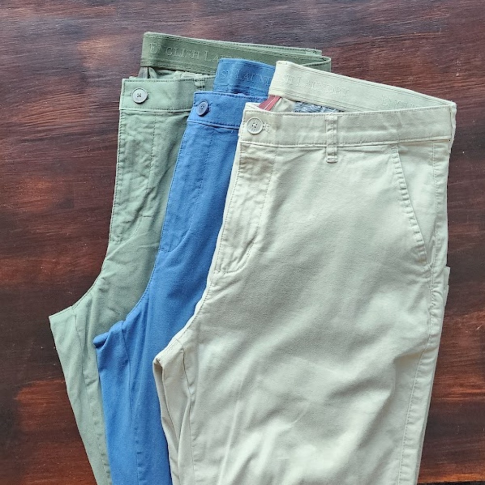 English Laundry Men's Chinos in Green, Blue, and Tan